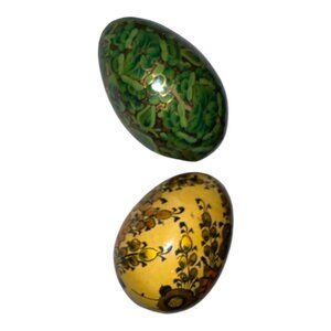 2 Vintage Eastern European Decorative Wood Egg Hand painted Ornament